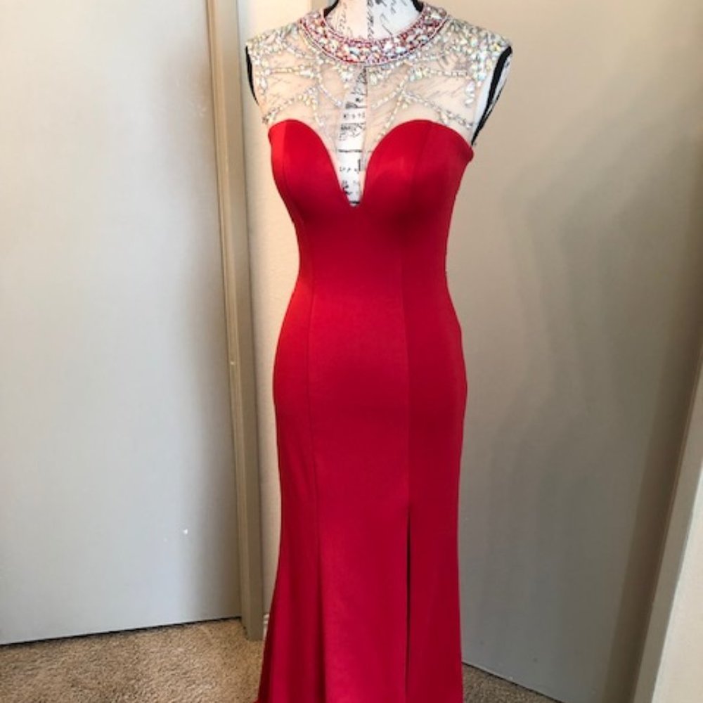Red long dress with beaded neck and shoulder